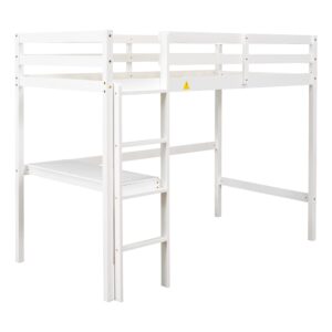 LiviNest Twin Loft Bed Frame - Wood Pine Bed Frames with Ladder Safety Rail and Desk - Loft Size Bed with Table for Kids Boys Girls White