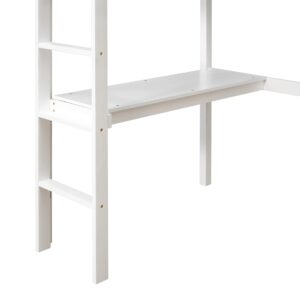 LiviNest Twin Loft Bed Frame - Wood Pine Bed Frames with Ladder Safety Rail and Desk - Loft Size Bed with Table for Kids Boys Girls White