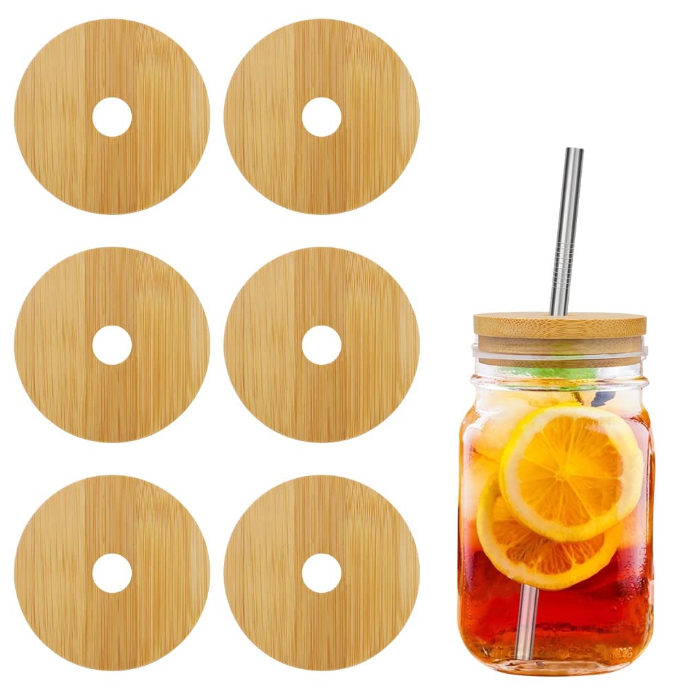 Picowe 6 Pack Bamboo Lids with Straw Hole for Wide Mouth Mason Jar Storage Canning Jar Lids Ball Jars(Jars not included)