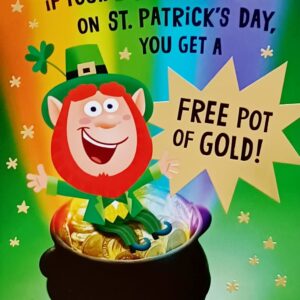 Greeting Card Happy Birthday and Happy St. Patrick's Day Pot of Gold At The End of The Rainbow with Leprechaun