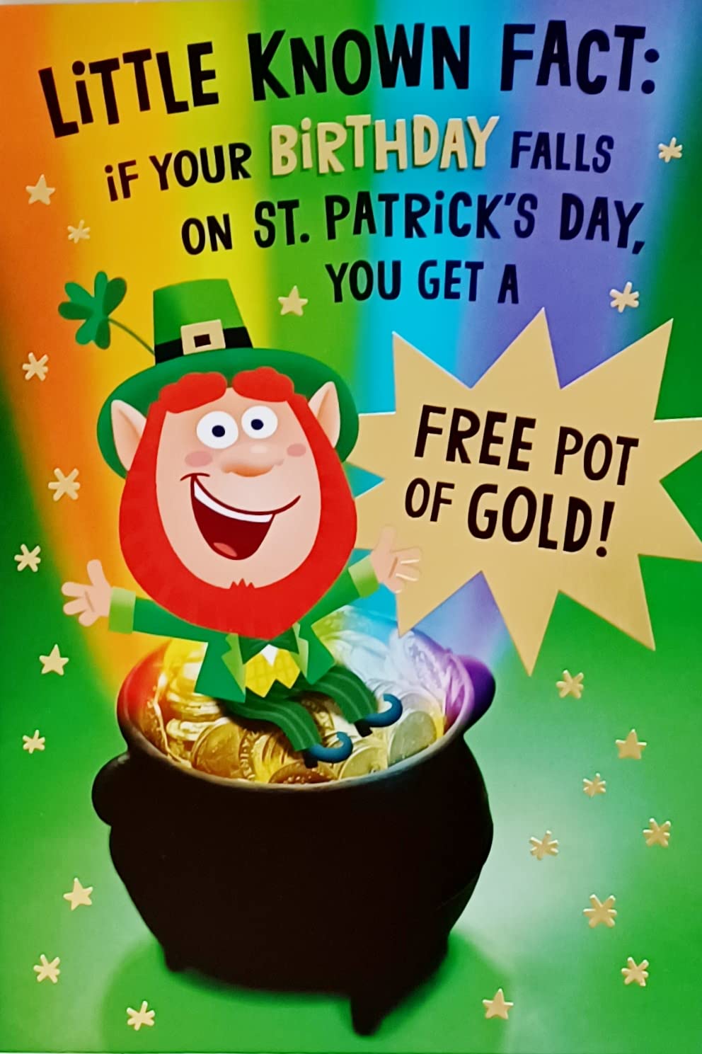 Greeting Card Happy Birthday and Happy St. Patrick's Day Pot of Gold At The End of The Rainbow with Leprechaun