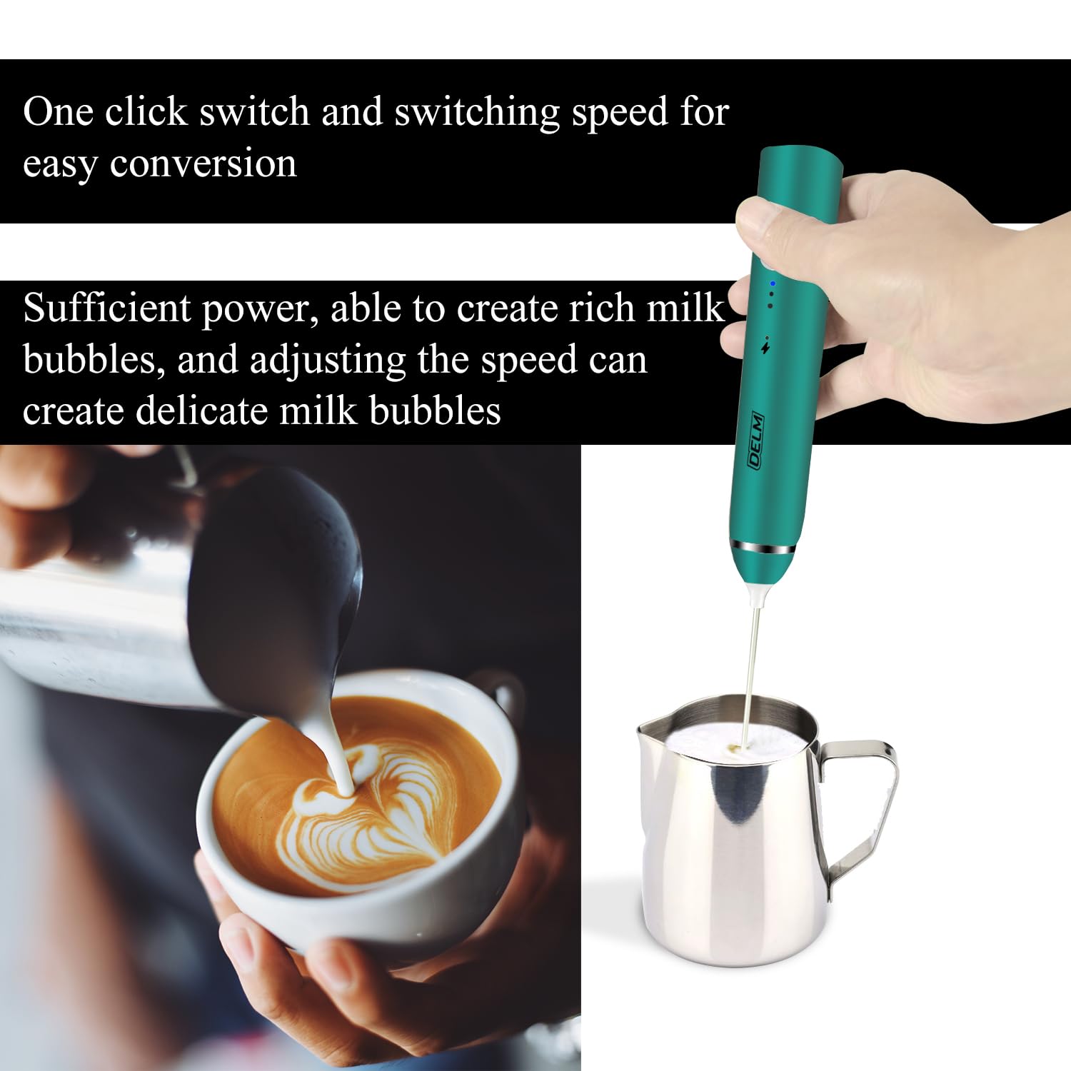 Delm Milk Frother Electric USB Stainless Steel Accessory - Frother Wand Foam Maker for Lattes - Milk Frother Handheld for Cappuccino, Frappe, Matcha, Hot Chocolate - Frother for Coffee (green)