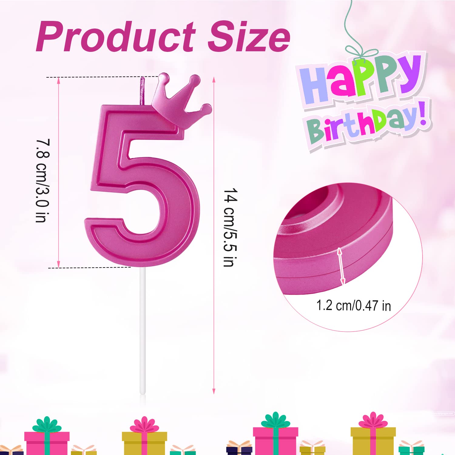 3 Inch Birthday Number Candle, 3D Number Candle with Crown Decor Large Cake Topper Number Candles for Birthday Cakes Wedding Anniversary Graduation Festival Party (Rose Red, 5)