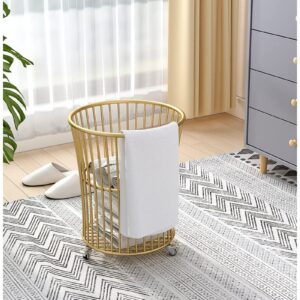 Rolling Laundry Hamper with Wheels,Metal Cart Basket Clothes Storage Organization Bin for Living Room,Bathroom,Bedroom or Kids Bedroom,Gold