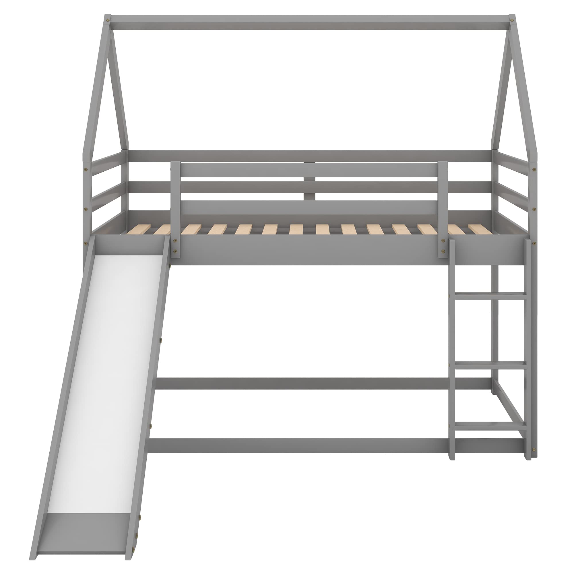 LostCat Twin Over Twin Bunk Bed with Slide,House Shaped Wooden Bunkbeds w/Safety Guardrail and Ladder,No Box Spring Needed,Suitable for Girls Boys,Grey