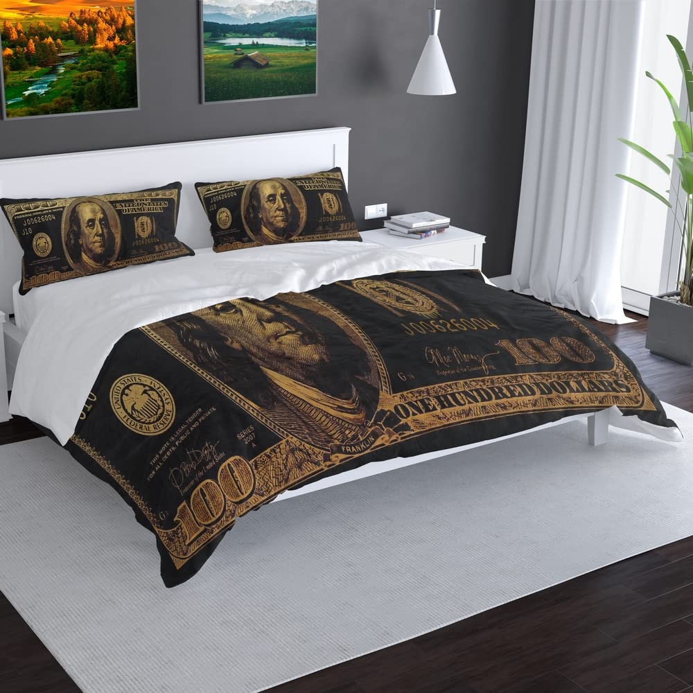 Reateforin 100 Dollar Bill Money Duvet Covers Set Mens Cool Comforter Cover Super Soft Duvet Cover Set 3 Pcs Washed Microfiber Bedding Set with Zipper Closure,1 Duvet Cover 104"x88" and 2 Pillow Shams