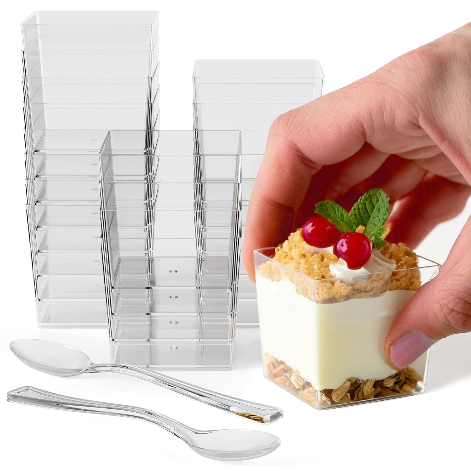 Exquisite Mini Dessert Cups with Spoons 400 Pcs - 3.6 Oz Square Dessert Cups With Tasting Spoons 200 Sets | Mini Parfait Cups | Appetizer Cups For Party | Plastic Dessert Cups