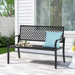 Verano Garden Outdoor Patio Bench Rust-Resistant Metal Park Bench with Armrest, Black Garden Bench for Yard, Porch, Park, Lawn