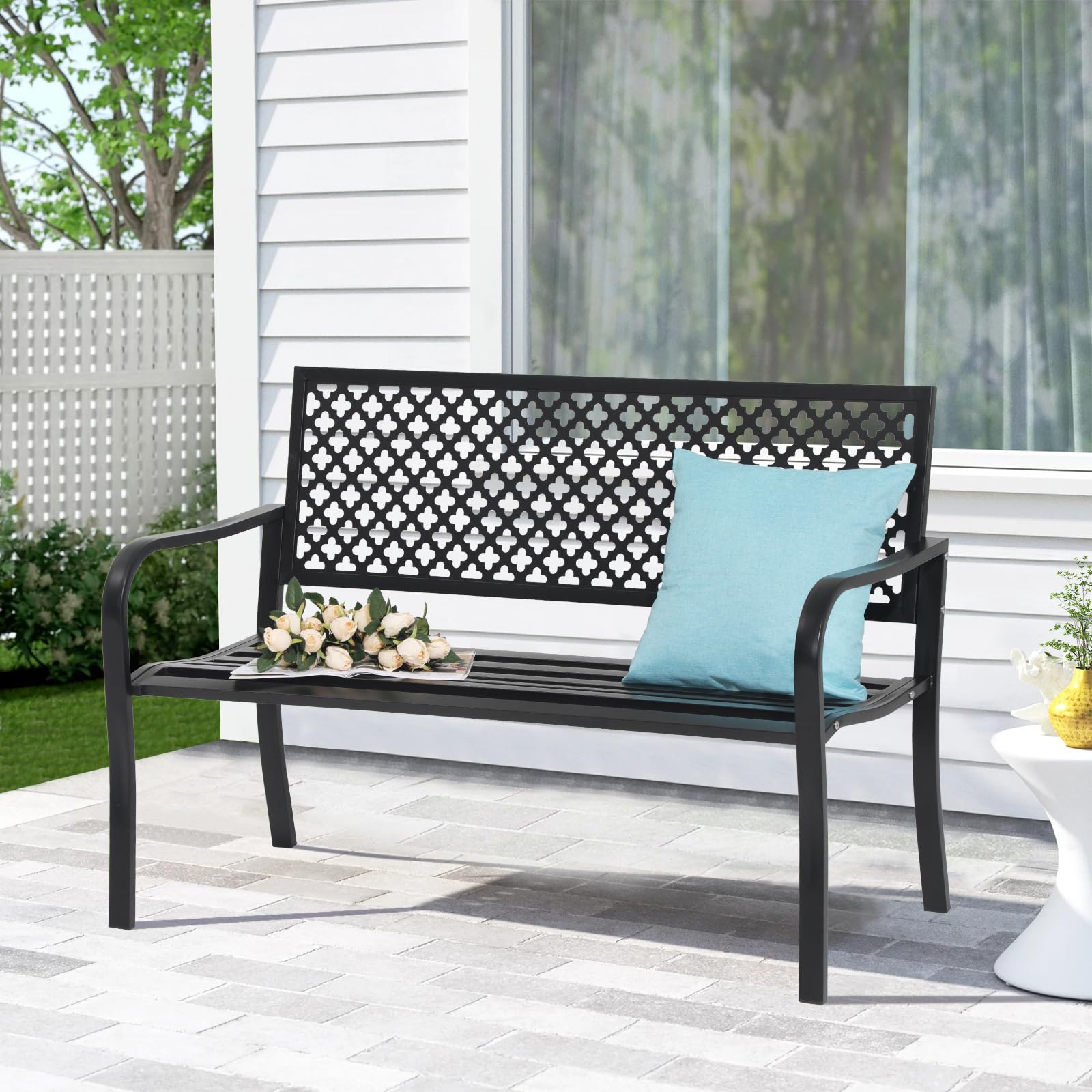 Verano Garden Outdoor Patio Bench Rust-Resistant Metal Park Bench with Armrest, Black Garden Bench for Yard, Porch, Park, Lawn