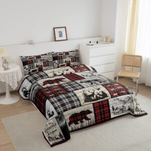 Rustic Cabin Comforter Set Queen Woodland Wolf Deer Bear Comforter For Kids Adults,Red Black Buffalo Plaid Bedding Set Wildlife Camping Lodge Mountain Quilt Bedding Southwestern Farmhouse Decor