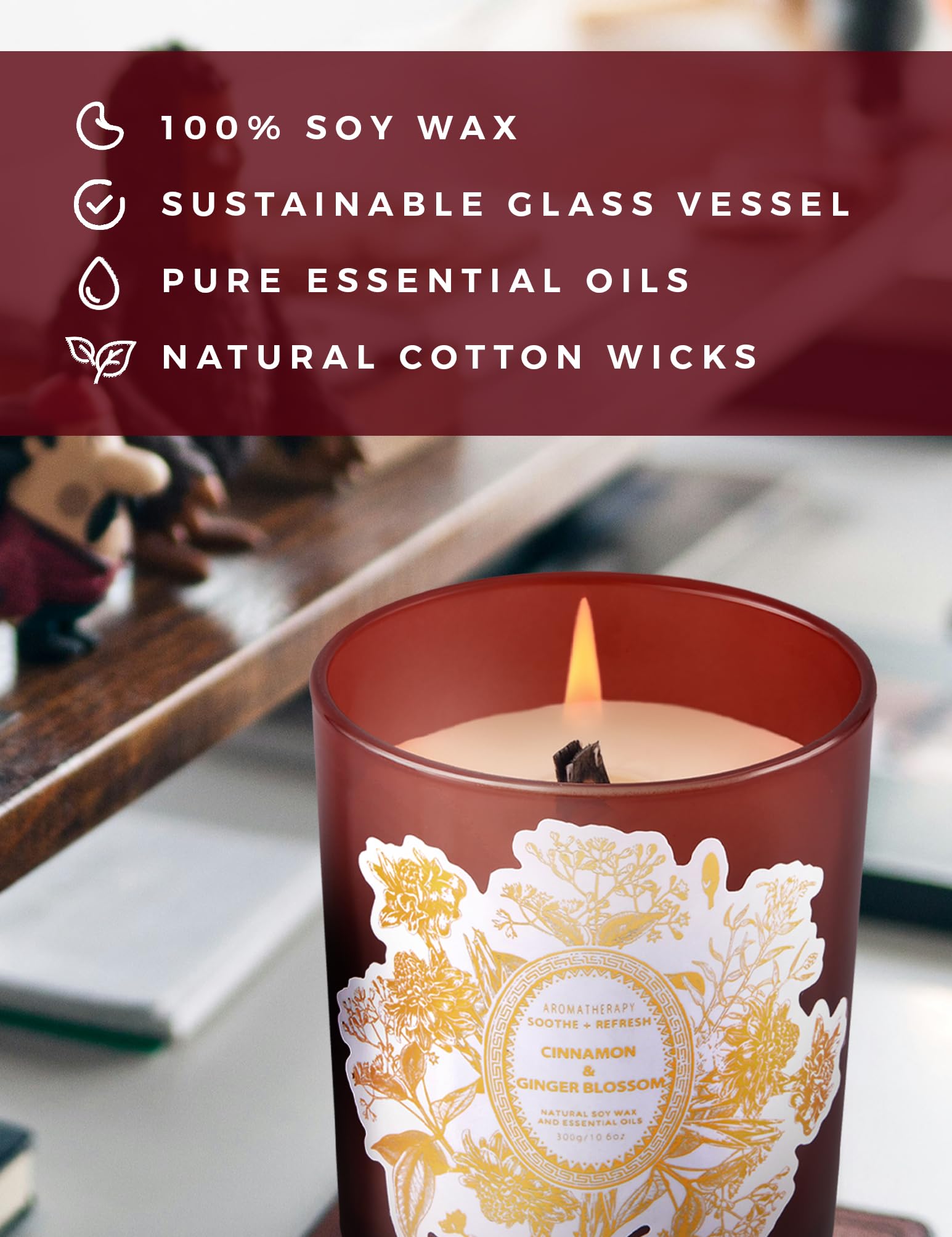 Cinnamon Ginger Blossom Wood Wick Scented Candle | Big Candle for Home Decor 10.6 oz Scented Soy Candle, Relaxing Candles for Women and Men, Aromatherapy Candle Gift