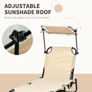 Outsunny Folding Chaise Lounge Pool Lounge Chairs Set of 2, Outdoor Sun Tanning Chairs with Canopy Shade, Reclining Back, Steel Frame and Side Pocket for Beach, Yard, Patio, Tan