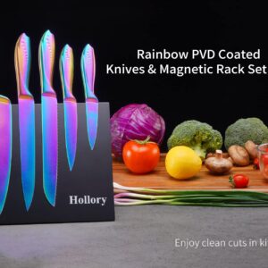 Rainbow Knives Block Set 6 Pieces, Iridescent German High Carbon Stainless Steel Kitchen Knives Pack with Magnetic Knife Display Rack