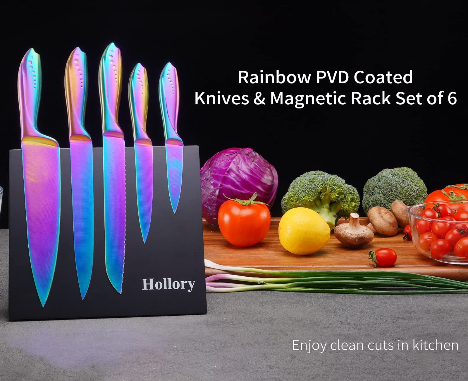 Rainbow Knives Block Set 6 Pieces, Iridescent German High Carbon Stainless Steel Kitchen Knives Pack with Magnetic Knife Display Rack