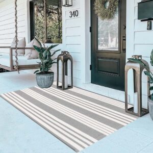 Grey and White Outdoor Rug 3'x 5' Front Porch Rug Cotton Hand-Woven Striped Rug Machine Washable Indoor/Outdoor Area Rug Front Door Floor Mat for Farmhouse/Layered Door Mats/Living Room/Entryway