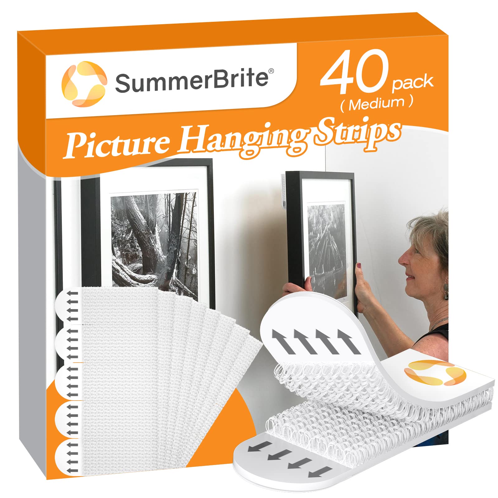 Summerbrite Picture Hanging Strips,Picture Hanger Kit, Removable Damage Free,Picture Hanging Hooks,White Medium(40Pack)