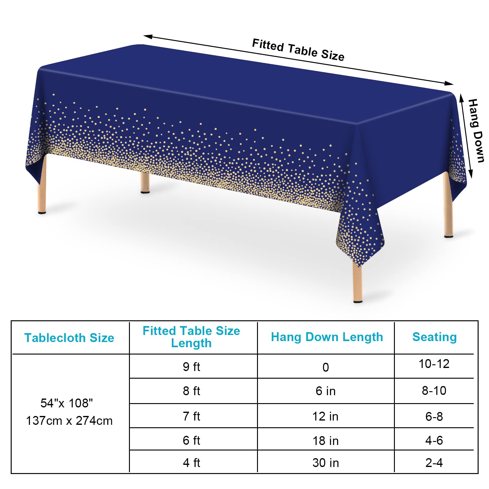 12 Pcs Navy Blue Plastic Tablecloth Gold Dot Blue Table Cloth, 54×108 inches Disposable Gold Dot Confetti Dark Blue Table Cover for Anniversary, Friendsgiving, Fine Dining, Graduation Party Decoration