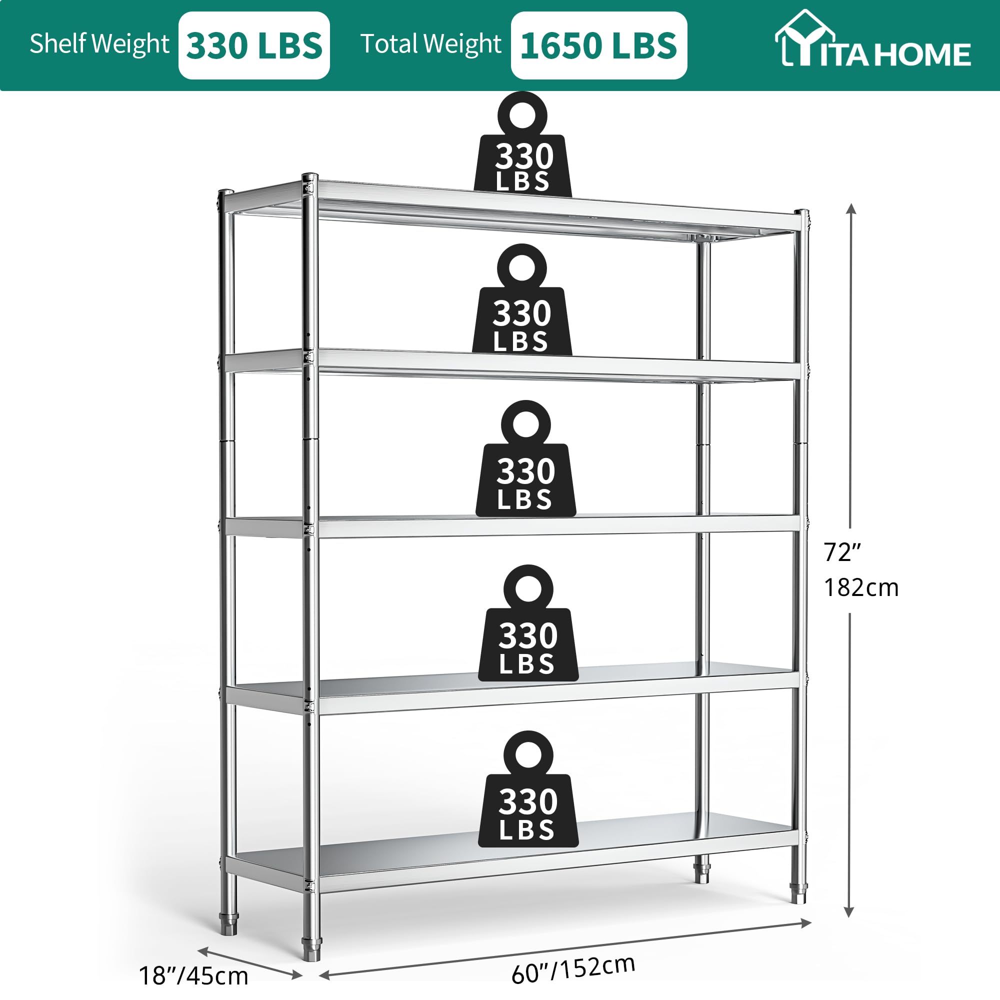 YITAHOME NSF Stainless Steel Shelves, 60"*18"*72" 5 Tier Storage Shelf, Heavy Duty Shelving for Kitchen Garage Office Restaurant Warehouse, 201 Bright Silver