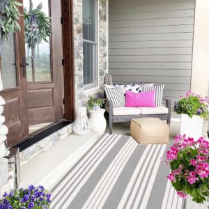 Grey and White Outdoor Rug 3'x 5' Front Porch Rug Cotton Hand-Woven Striped Rug Machine Washable Indoor/Outdoor Area Rug Front Door Floor Mat for Farmhouse/Layered Door Mats/Living Room/Entryway