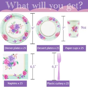 Decodinli 125 PCS Floral Party Supplies, Floral themed Disposable Plates, Cups, Napkins for Birthday, Baby Shower, Bridal Shower, Tea Party, Mothers Day, Serves 25