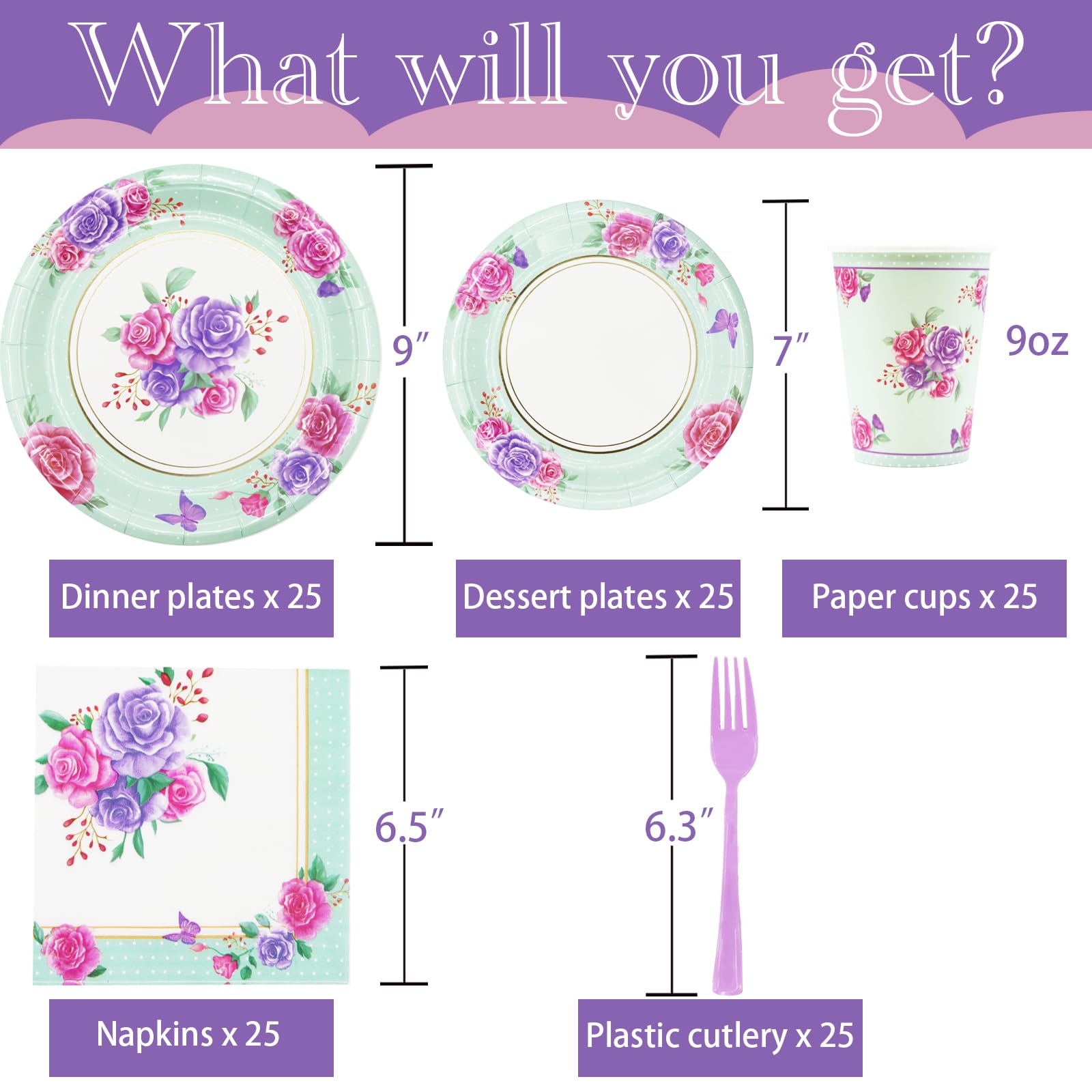 Decodinli 125 PCS Floral Party Supplies, Floral themed Disposable Plates, Cups, Napkins for Birthday, Baby Shower, Bridal Shower, Tea Party, Mothers Day, Serves 25