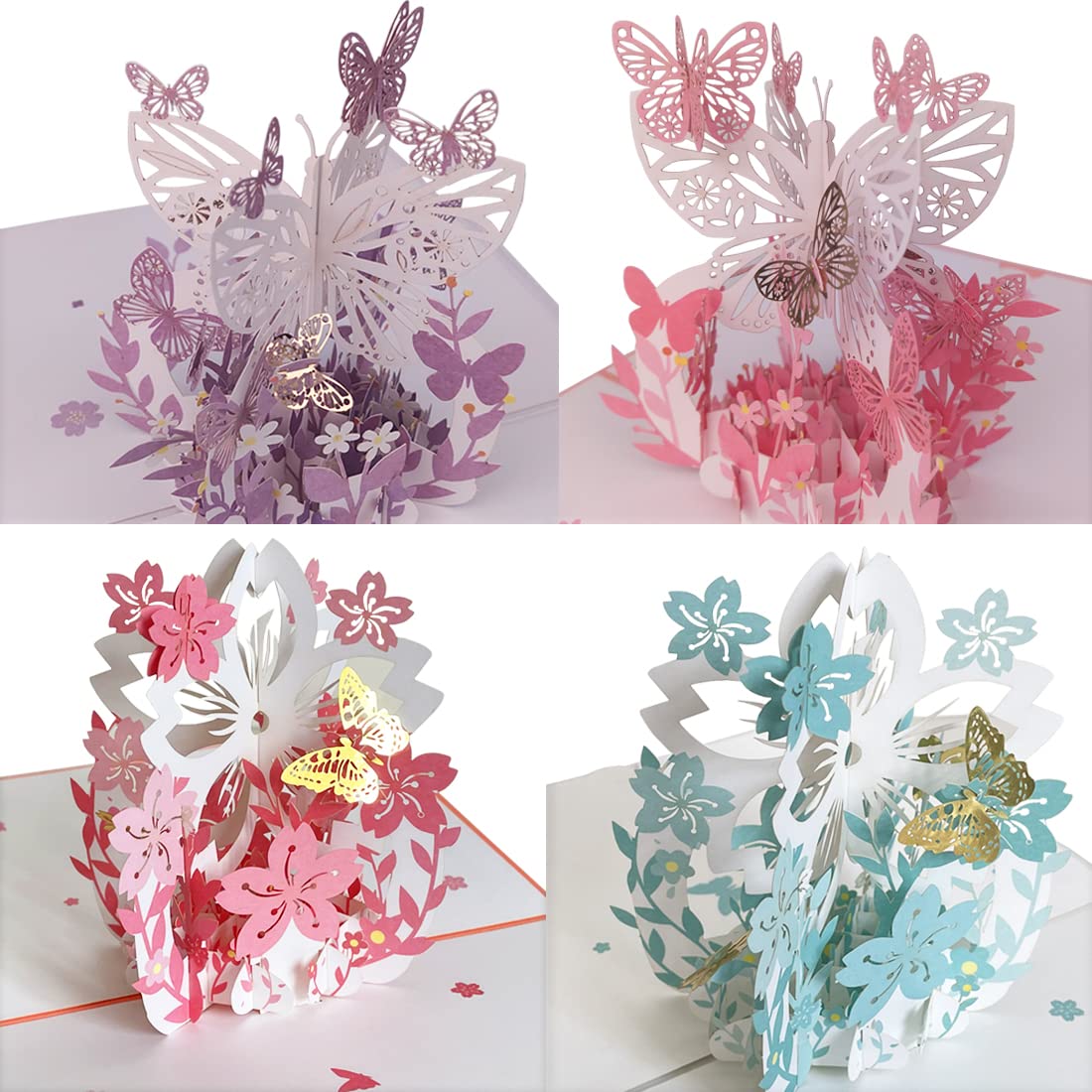 JRIQHOLD 3D Butterfly Flower Pop Up Cards, Set of 4 Greeting Cards, Mother’s Day/Birthday/Anniversary/Thinking of You/Valentine’s Day Card for Her/Wife/Women, with Envelope & Sealing Sticker