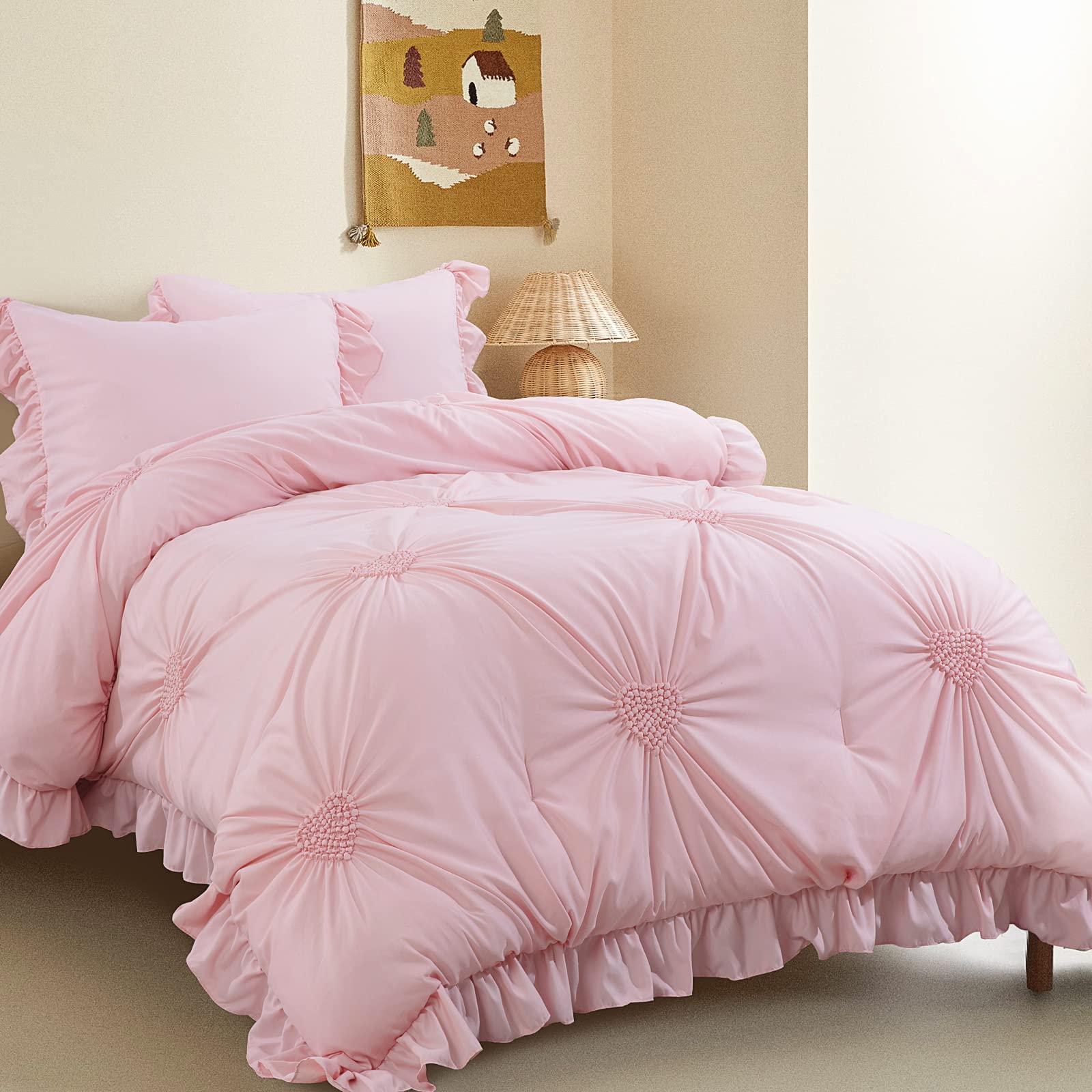 ROYALAY Pink Bedding Kids Comforter Sets for Girls Ruffle Bedding Set Full/Queen Size with 2 Pillow Shams, Blush Pinch Pleat Comforter for All Season (Pink, Full-81"x86")