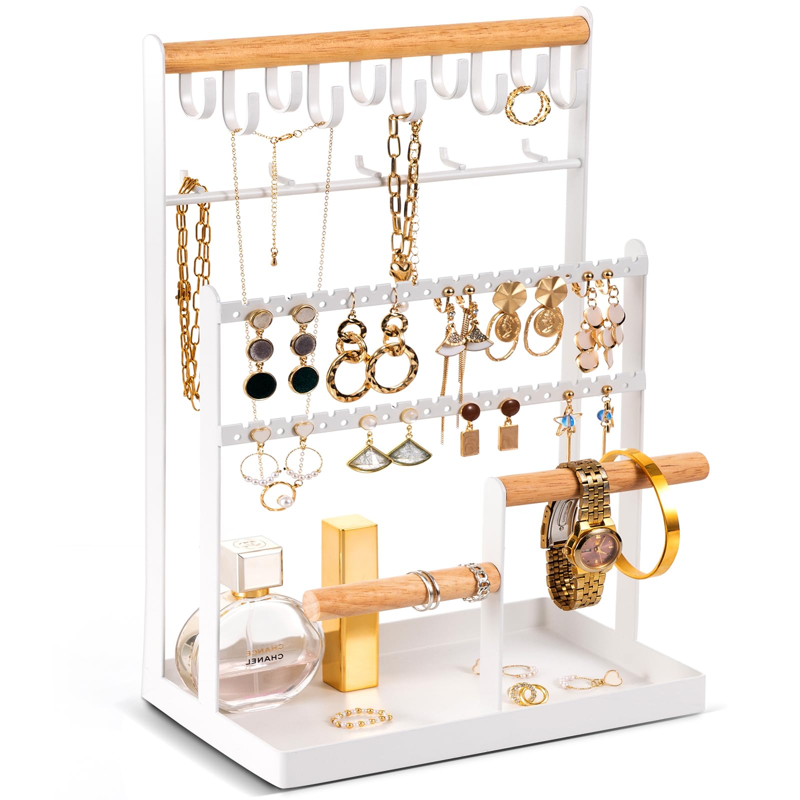 ProCase Jewelry Organizer Stand Necklace Organizer Earring Holder, 6 Tier Jewelry Stand Necklace Holder with 15 Hooks, Jewelry Tower Display Rack Storage Tree for Bracelets Earrings Rings -White