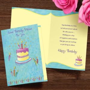 Designer Greetings Special Thoughts Happy Birthday Cards, “Sweet Birthday Wishes” Cake with Candles Design (Pack of 6 Cards with Yellow Envelopes)