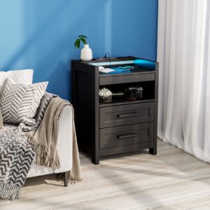 Modern Nightstand with LED Light and Charging Station, Wooden Bedside Table with 2 Drawers and Pull-Out Shelf, Small End Table for Bedrooms, Black