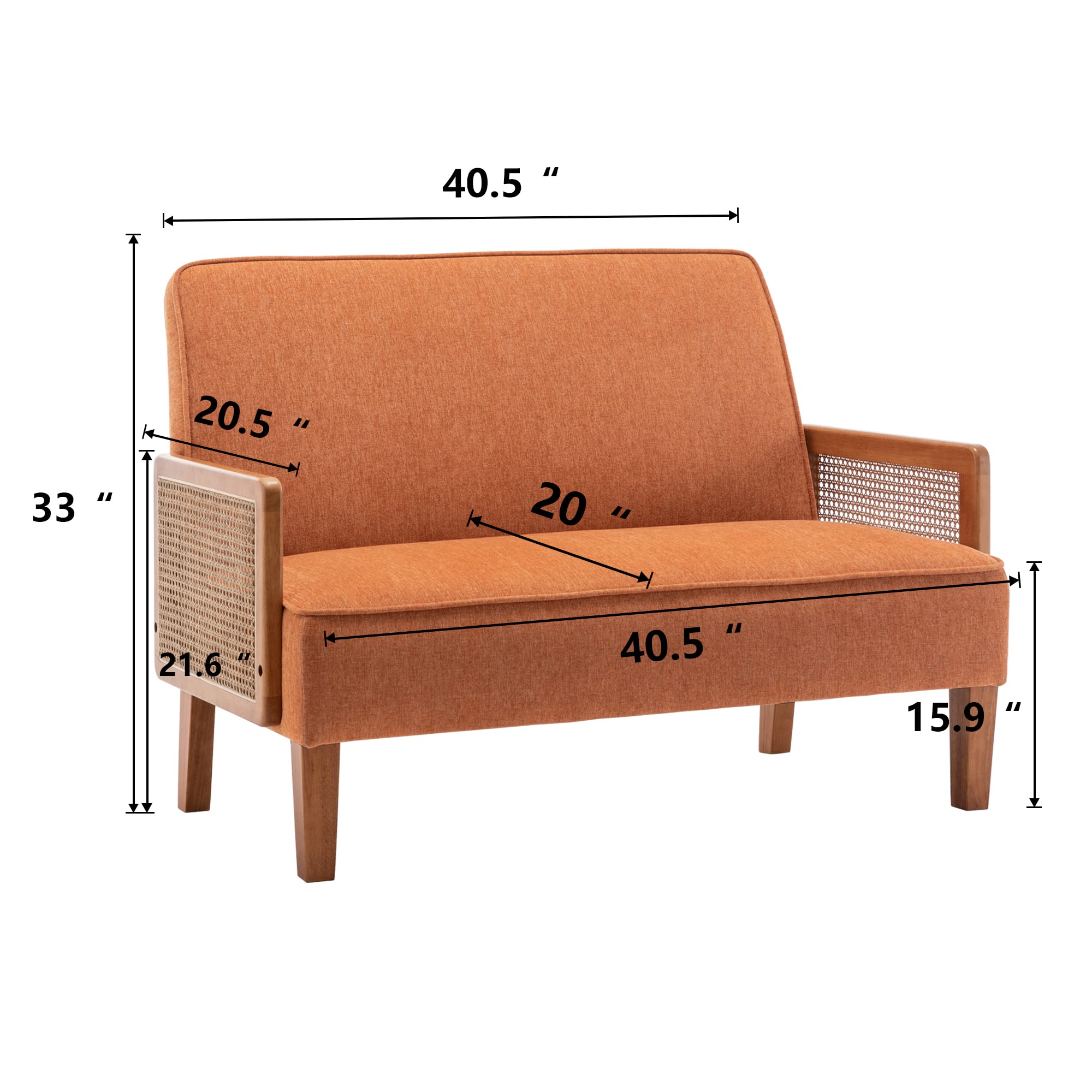 WENTMENT Loveseat Sofa Small Couch for Living Room Love Seat with Natural Rattan Armrest and Solid Wooden Legs Small Sofa for Small Space, Bedroom, Apartment（Orange）