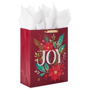 hallmark 15" extra large christmas gift bag with tissue paper (dark red with poinsettia flowers, "joy") for mom, sister, grandmother, wife, teacher, boss