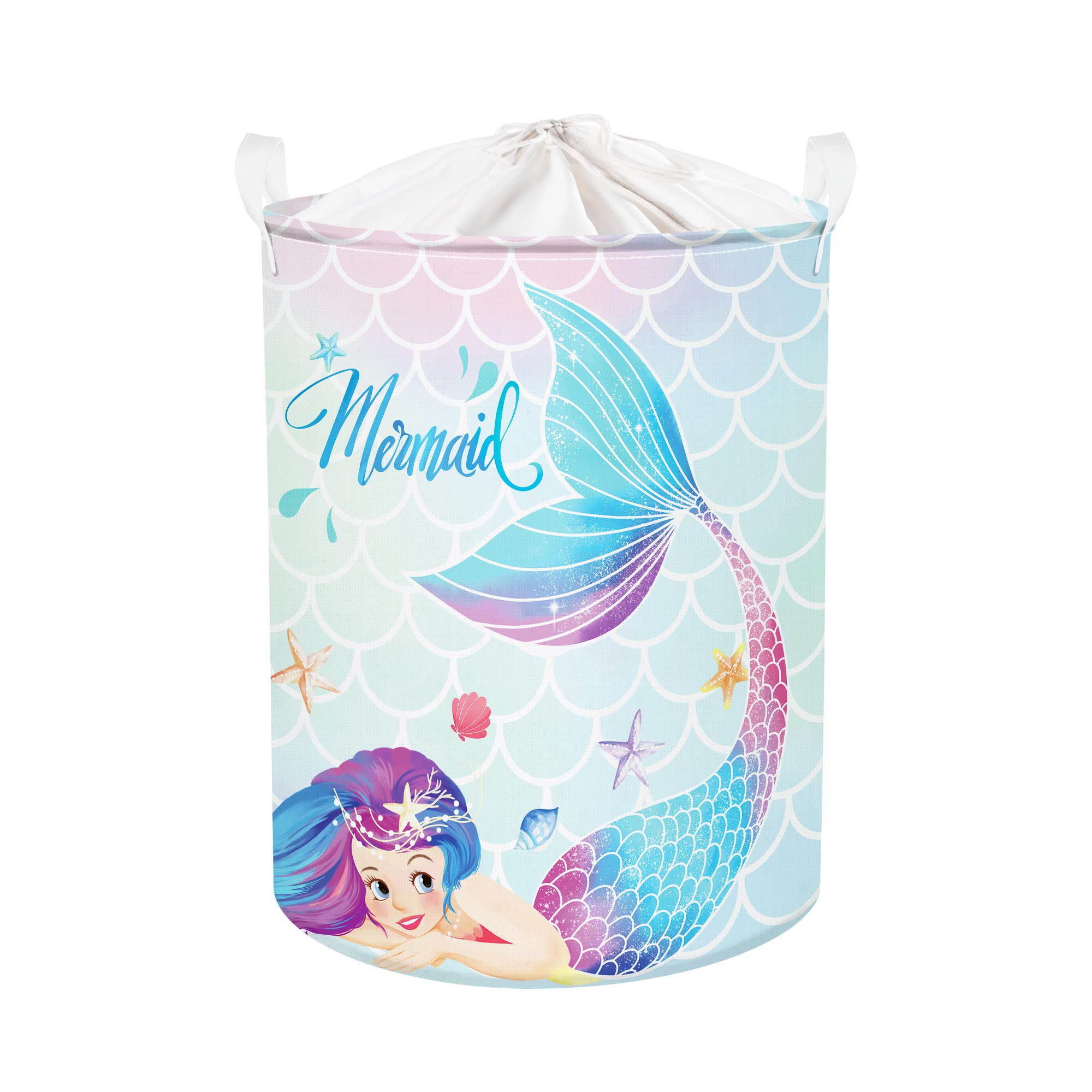 Clastyle 45L Colorful Mermaid Blue Girls Laundry Hamper Starfish Seashells Round Toy Clothes Storage Basket for Kids Room, 14.2x17.7 in