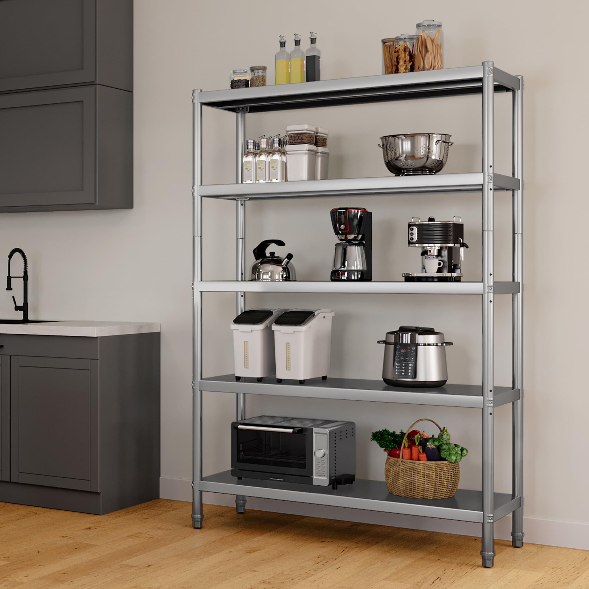 YITAHOME NSF Stainless Steel Shelves, 60"*18"*72" 5 Tier Storage Shelf, Heavy Duty Shelving for Kitchen Garage Office Restaurant Warehouse, 201 Bright Silver