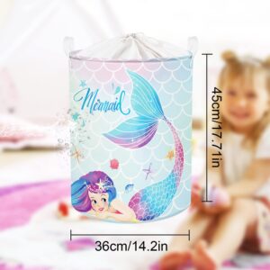 Clastyle 45L Colorful Mermaid Blue Girls Laundry Hamper Starfish Seashells Round Toy Clothes Storage Basket for Kids Room, 14.2x17.7 in