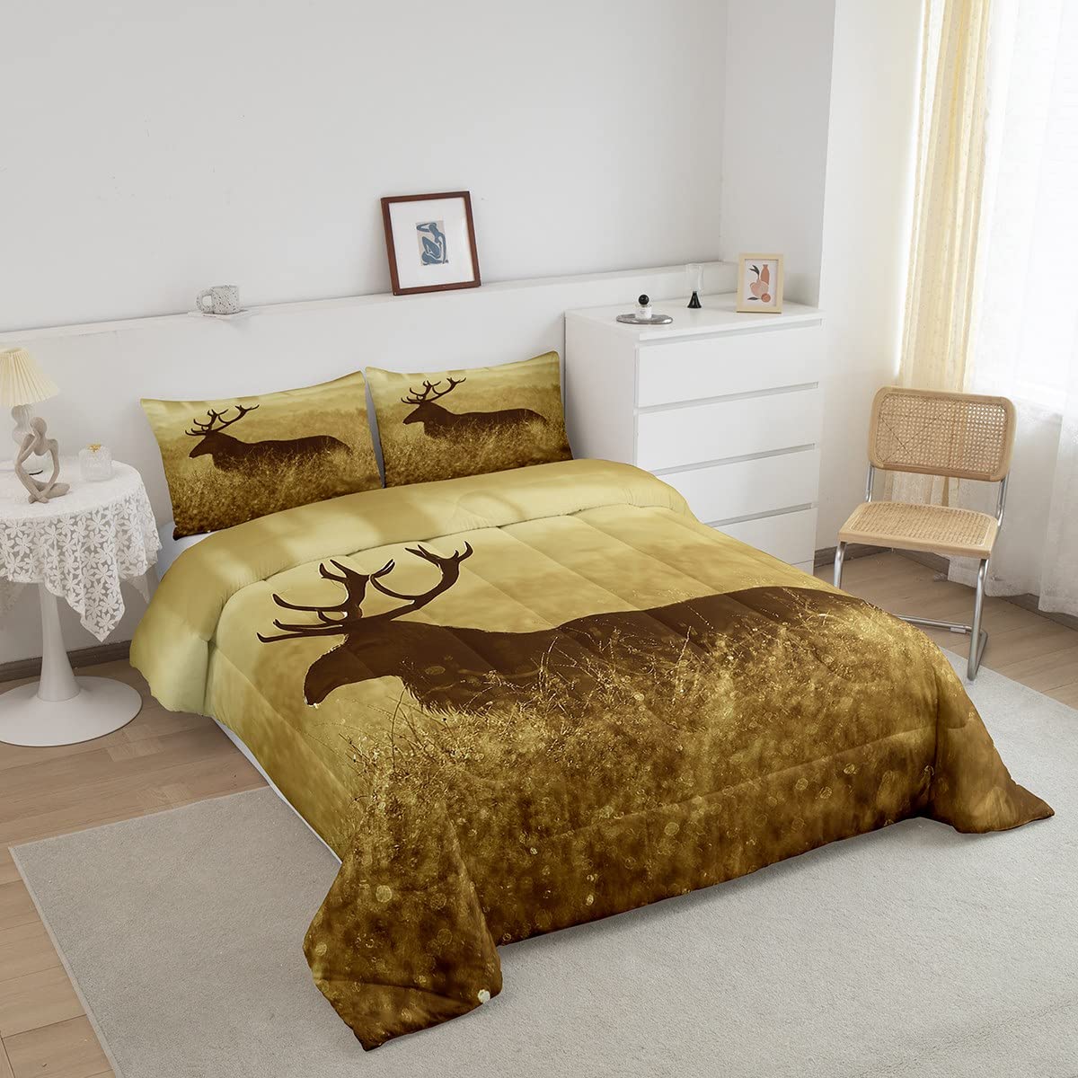 Deer Comforter Set Twin Size, Deer Antler Bedding Sets, Rural Hunting Theme Down Comforter, Rustic Countryside Style Duvet Insert, Wild Animals Quilt For Bedroom Decor All Season,Soft Lightweight