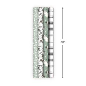 Hallmark Recyclable Neutral Christmas Wrapping Paper (4 Rolls: 100 Sq. Ft. Ttl) White and Sage Green Evergreen Pinecones, Rustic Snowmen, Plaid, Nordic Deer and Foliage