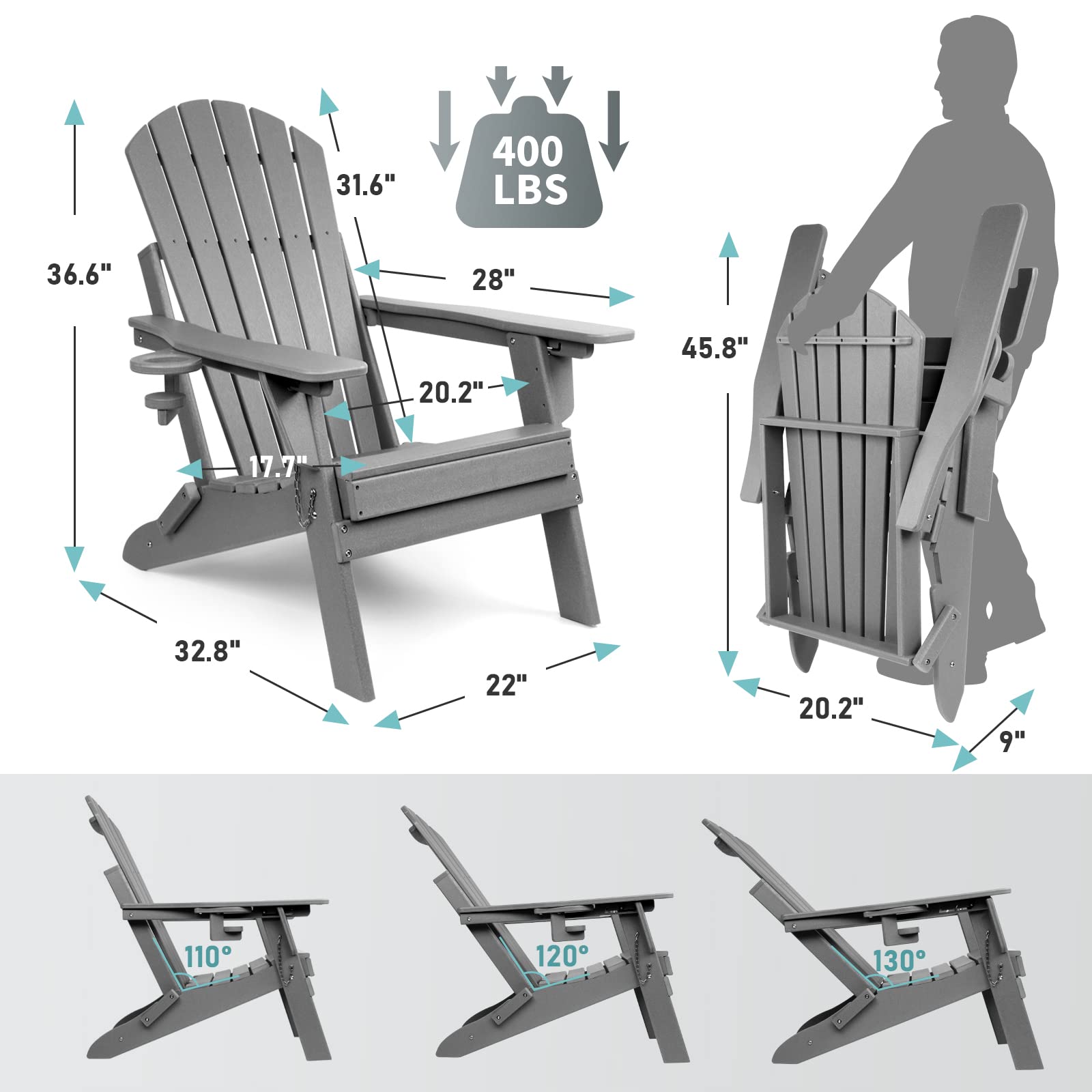 FUNBERRY Plastic Adirondack Chairs Set of 2,Folding Adirondack Chairs,Adjustable Backrest Adirondack Chair,Fire Pit Chairs,Resin Adirondack Chairs with Cup Holder,Composite Adirondack Chairs