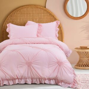 royalay pink bedding kids comforter sets for girls ruffle bedding set full/queen size with 2 pillow shams, blush pinch pleat comforter for all season (pink, full-81"x86")