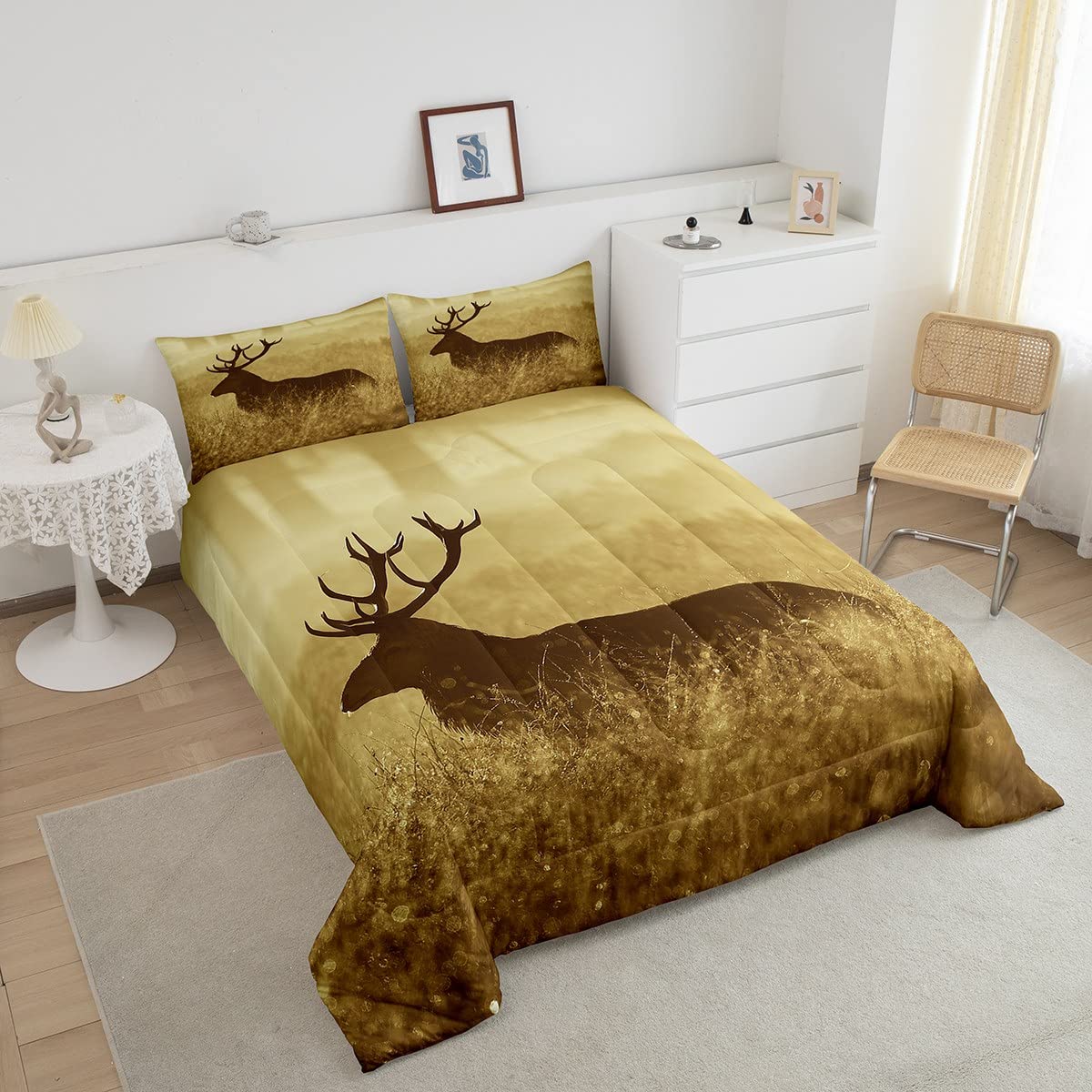 Deer Comforter Set Twin Size, Deer Antler Bedding Sets, Rural Hunting Theme Down Comforter, Rustic Countryside Style Duvet Insert, Wild Animals Quilt For Bedroom Decor All Season,Soft Lightweight