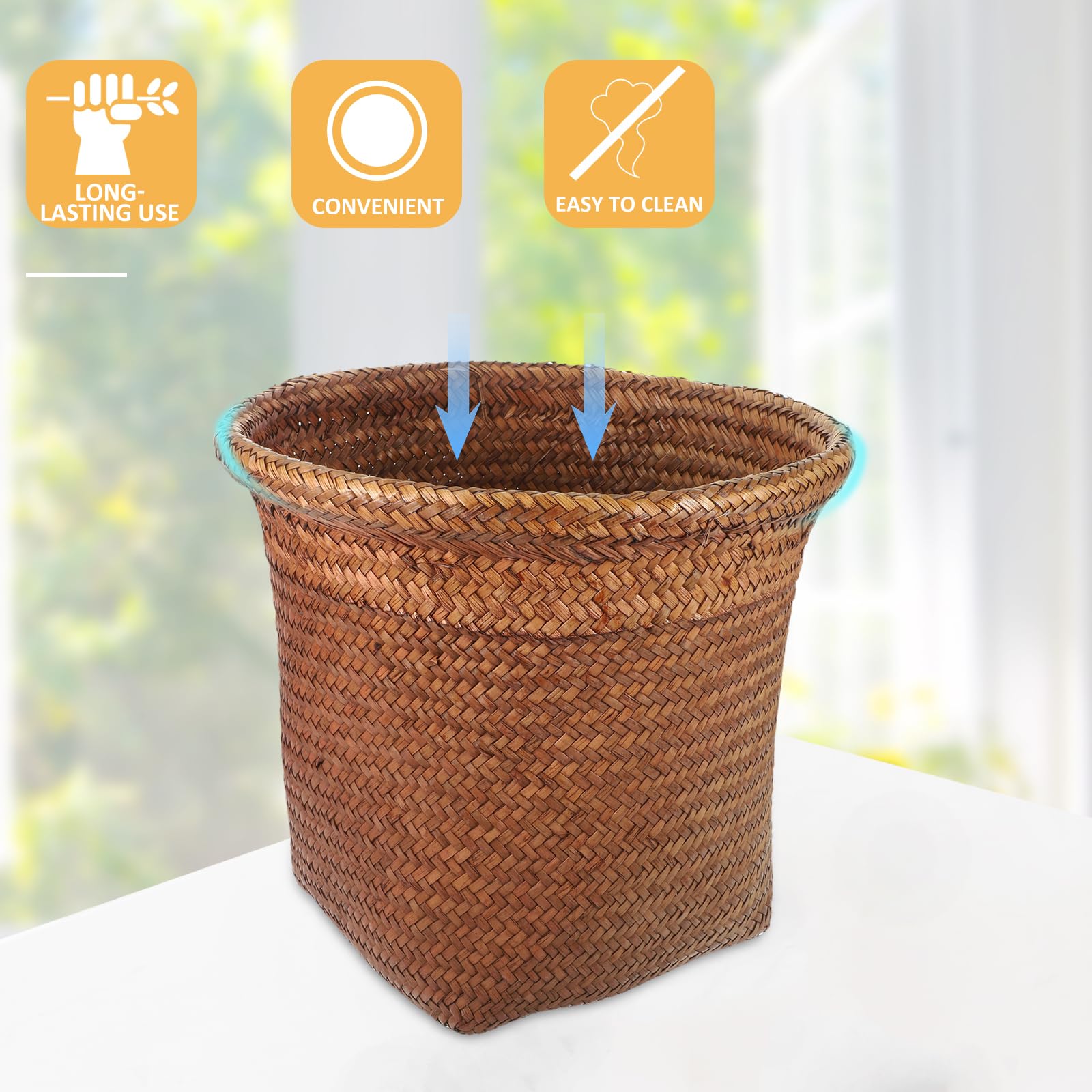 Operitacx Wicker Trash Can, Seagrass Waste Basket, Boho Woven Rubbish Container, Small Storage Bin, Woven Laundry Basket Waste Bin Organizer