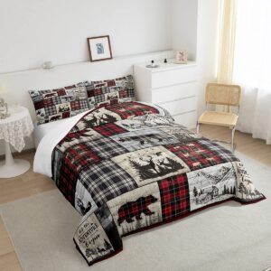 Rustic Cabin Comforter Set Queen Woodland Wolf Deer Bear Comforter For Kids Adults,Red Black Buffalo Plaid Bedding Set Wildlife Camping Lodge Mountain Quilt Bedding Southwestern Farmhouse Decor