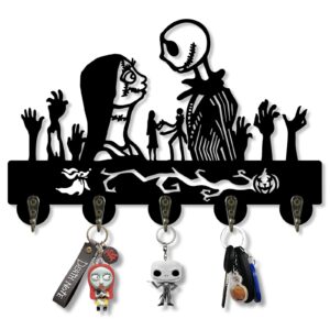 antwax skull key holder for wall, couple key hooks, cartoon jack key rack for kitchen and entryway decor, christmas nightmare bedroom decor, nightmare christmas gifts, easy to install(black)