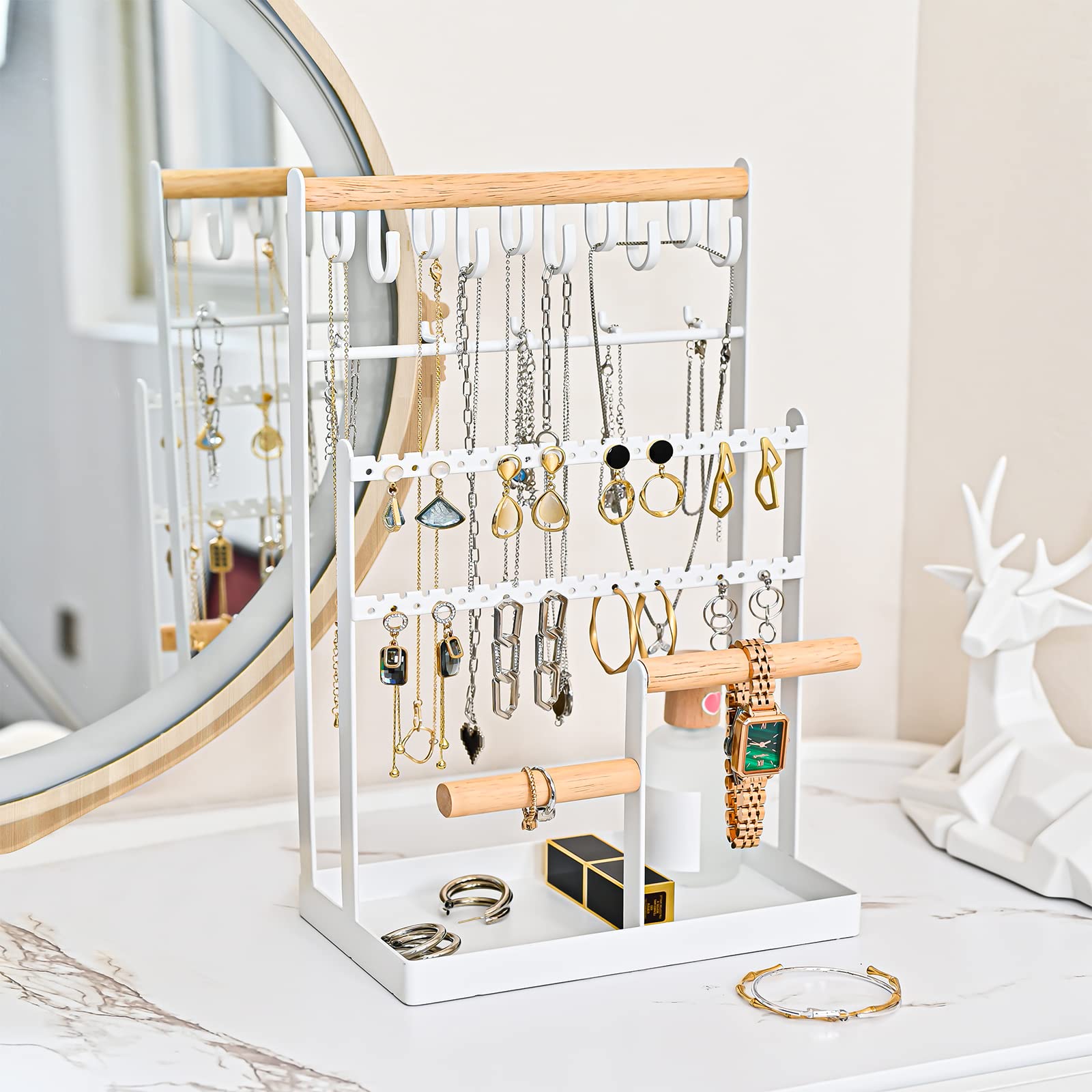 ProCase Jewelry Organizer Stand Necklace Organizer Earring Holder, 6 Tier Jewelry Stand Necklace Holder with 15 Hooks, Jewelry Tower Display Rack Storage Tree for Bracelets Earrings Rings -White