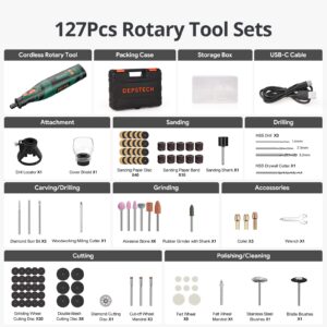 DEPSTECH Cordless Rotary Tool Kit, 8V 2.0Ah Rechargeable Battery, 30000RPM 5-Speed Multi Power Carving Tools, 127Pcs Accessories, Shield Attachment, Cutting/Drilling Guide for Handmade/DIY Creations