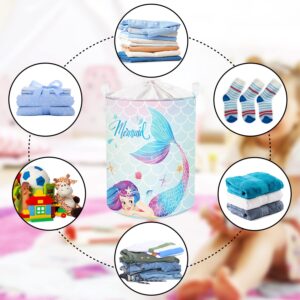 Clastyle 45L Colorful Mermaid Blue Girls Laundry Hamper Starfish Seashells Round Toy Clothes Storage Basket for Kids Room, 14.2x17.7 in