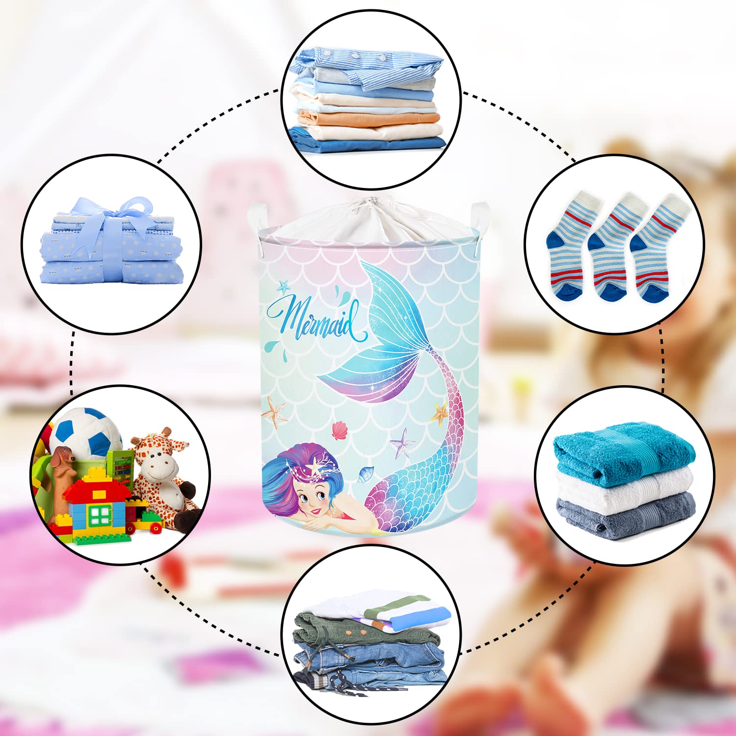 Clastyle 45L Colorful Mermaid Blue Girls Laundry Hamper Starfish Seashells Round Toy Clothes Storage Basket for Kids Room, 14.2x17.7 in