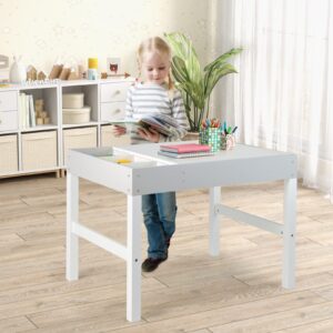 Costzon Kids Table, 3 in 1 Wooden Building Block Desk w/Storage, Double-Sided Tabletop for Toddler Arts, Crafts, Drawing, Reading, Playing, Gift for Boys Girls, Children Activity Table (White & Gray)