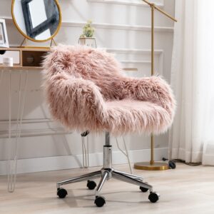 Modern Swivel Vanity Chair with Wheels for Bedroom Pink Faux Fur Desk Chair for Makeup Room Cute Upholstered Accent Swivel Chair for Living Room Small Home Office