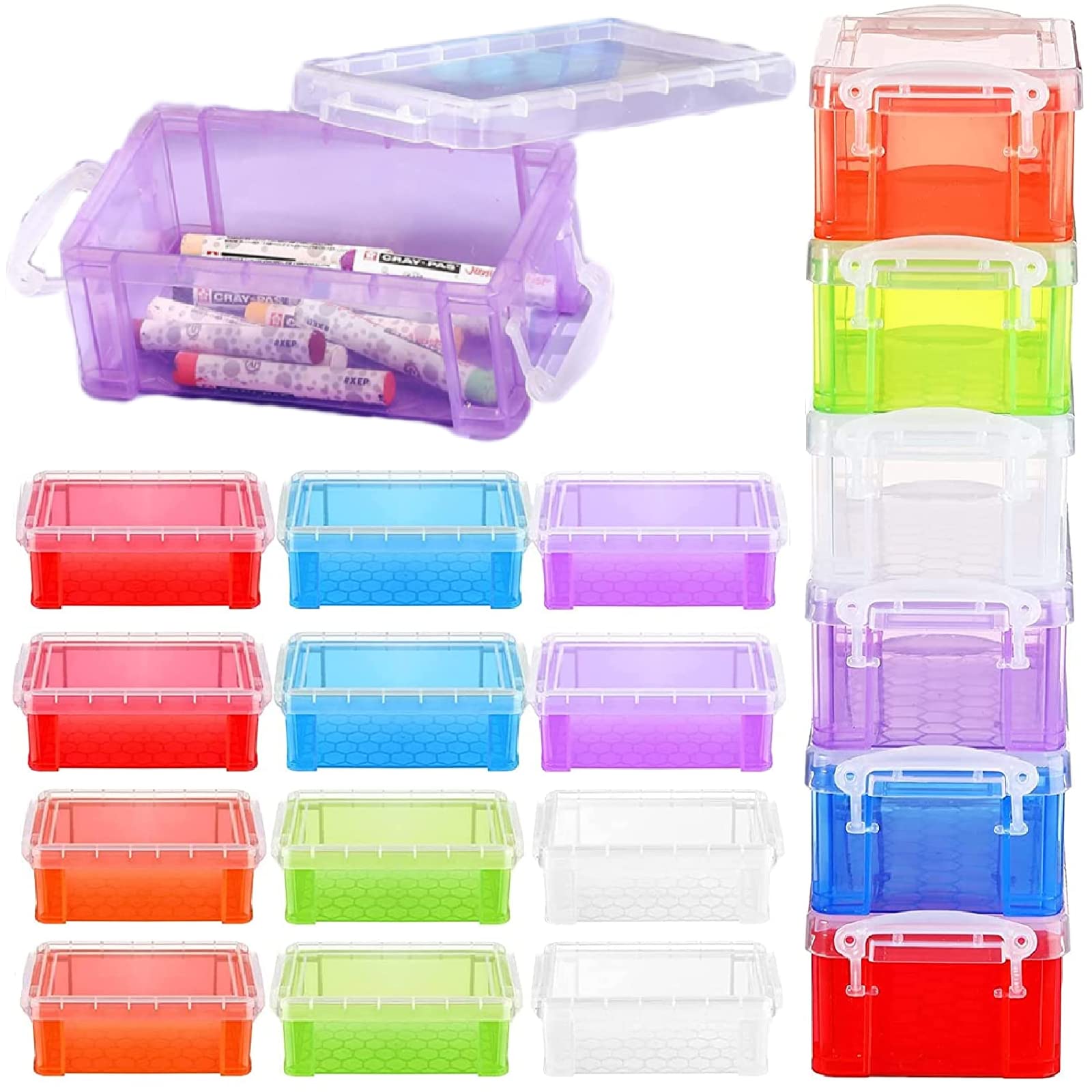 Tatuo 18 Pcs Small Plastic Crayon Box with Lid, 5.31'' x 2.95'' x 1.97'' Stackable Storage Case Mini Organizer Containers Clear Latch Storage Bins for Jewelry Beads Craft Office Fishing (Multicolor)